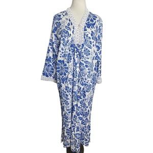 Vintage Kassatly Palm Beach Blue Maxi Kaftan Hostess Gown Dress Loungewear M